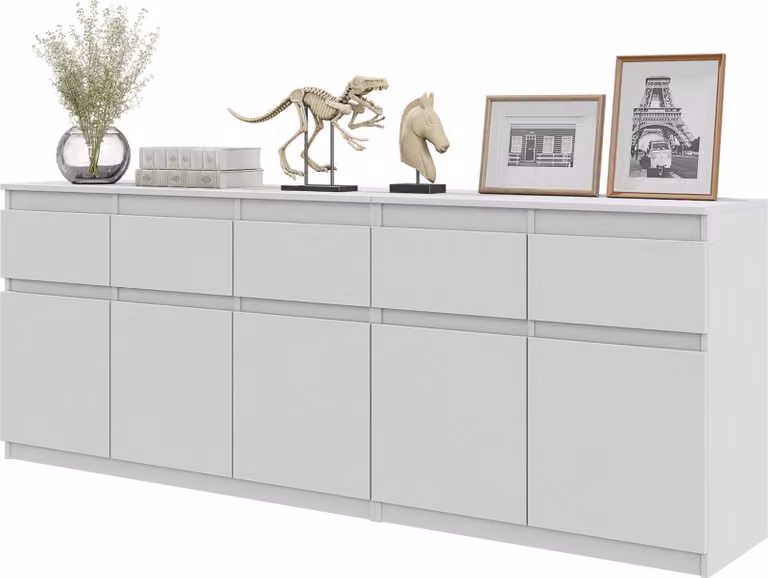 NOAH - Cassettiera con 5 cassetti e 5 ante - Cassettiera per camera da letto Credenza - Bianco opaco H75cm L200cm P35cm