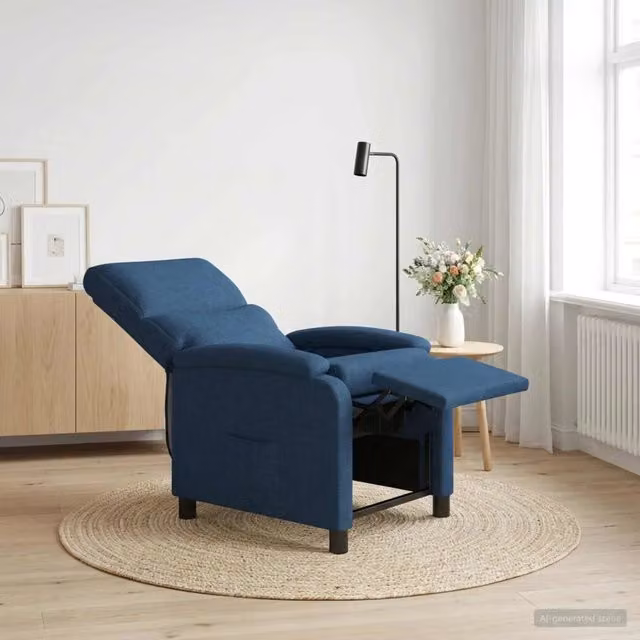Poltrona reclinabile relax blu in tessuto con braccioli per soggiorno e ufficio