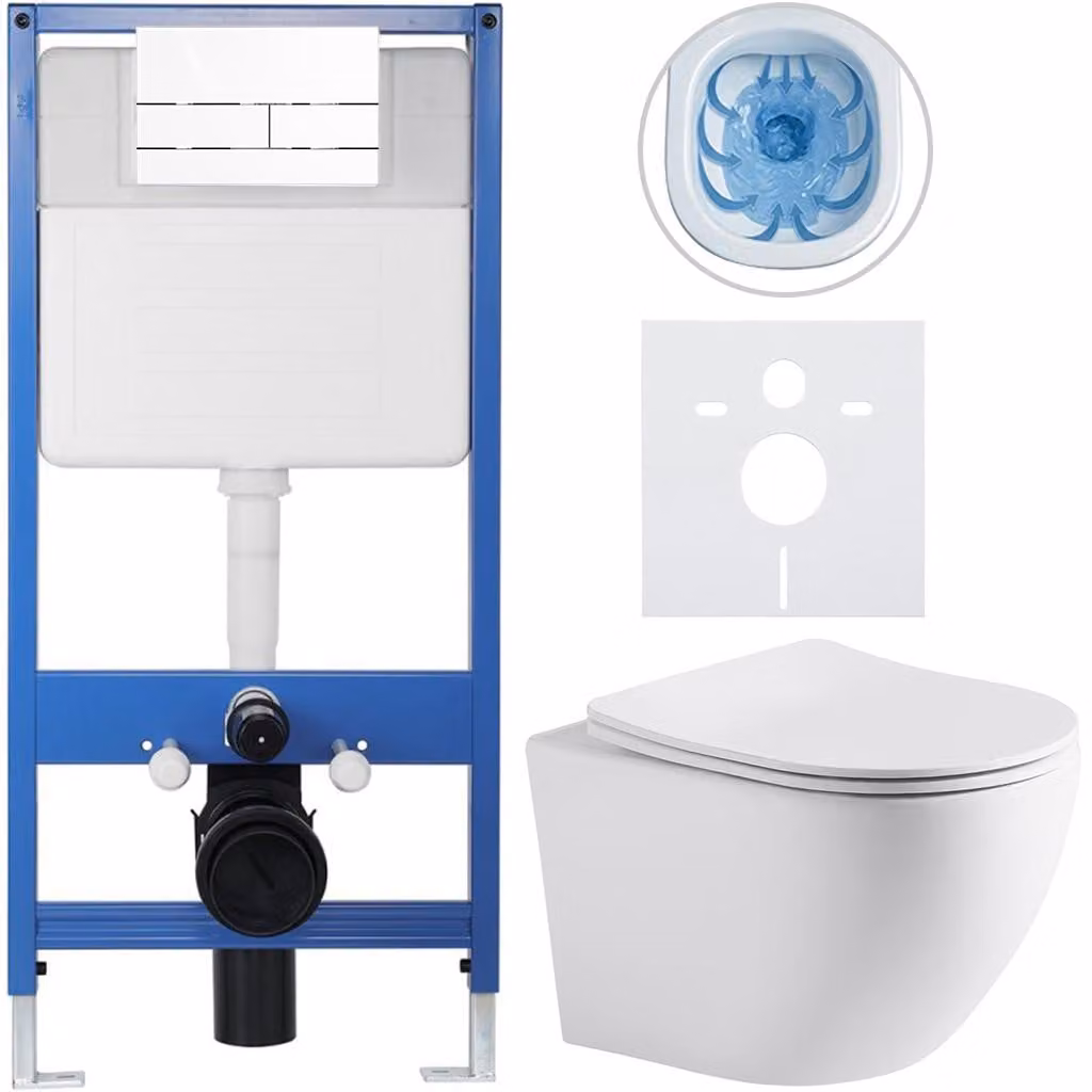 Set completo per WC sospeso Lite/Cesso - bianco opaco - pulsante per WC modello Line, bianco - installazione a parete - 49x36 cm