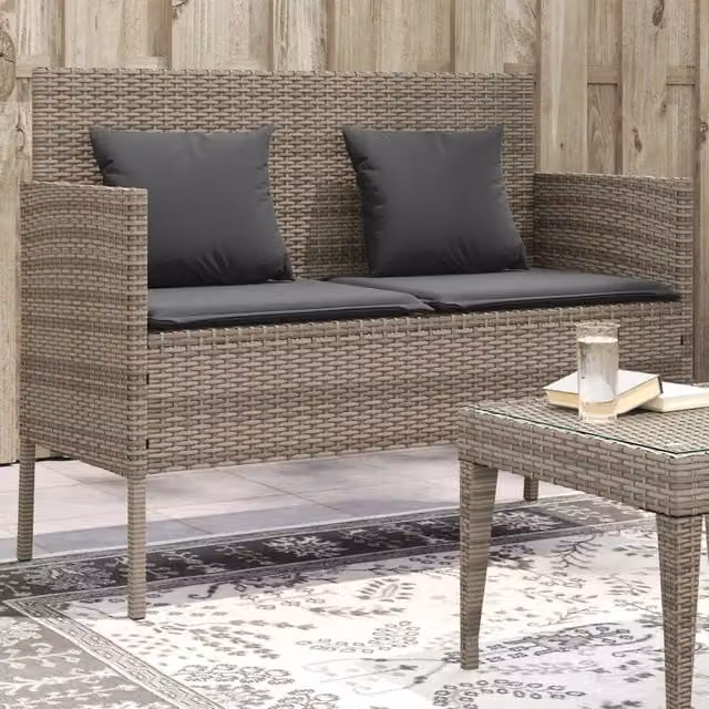 Panca da giardino moderna vidaXL in polyrattan grigia con cuscini L: 110 cm, P: 61 cm, H: 87 cm