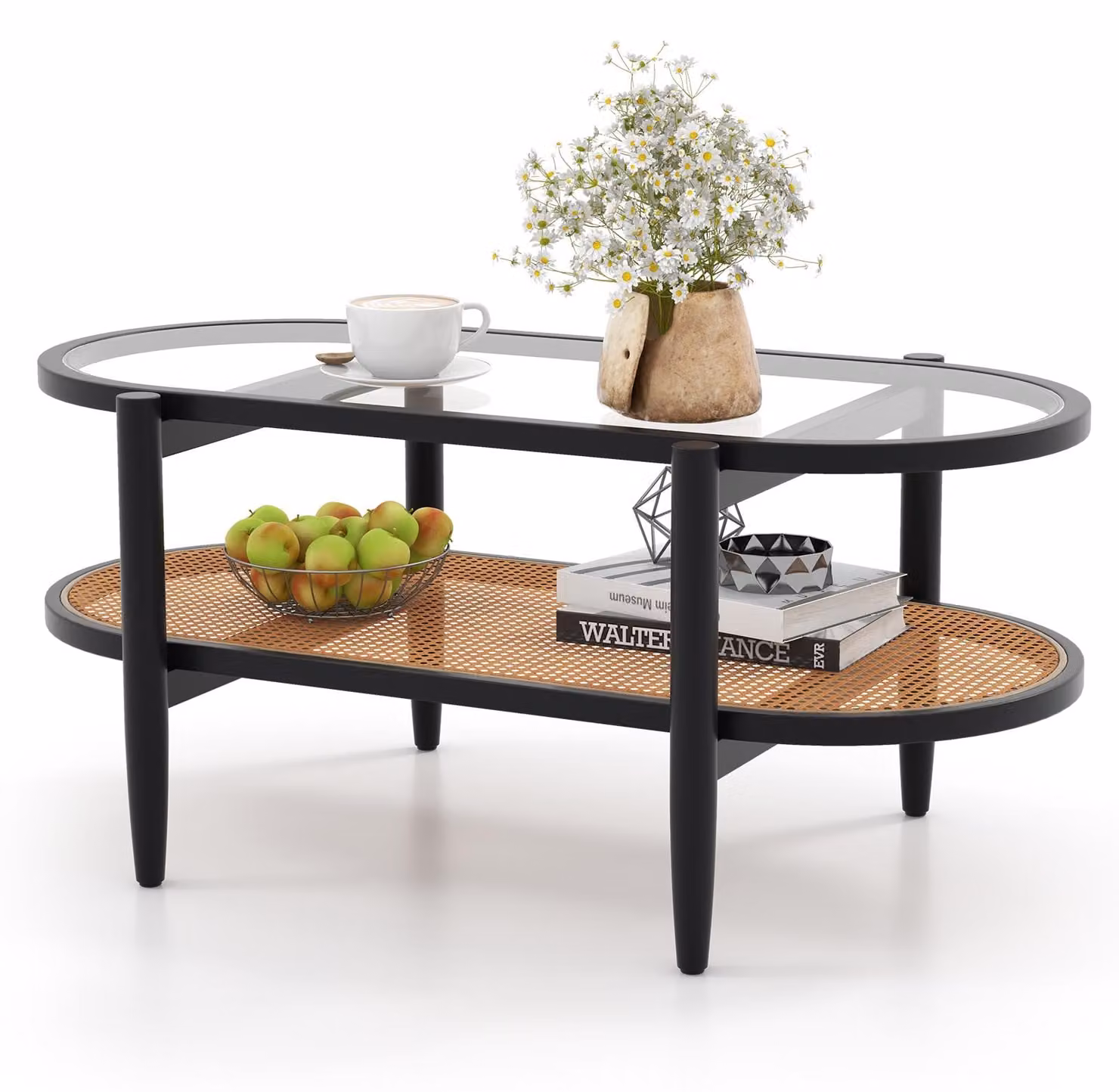 Tavolino COSTWAY, tavolino con piano in vetro e ripiano in rattan, tavolino da salotto con gambe e struttura in legno, tavolino da caffè, 102x56x47 cm, nero