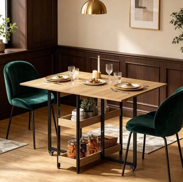 Tavolo da pranzo pieghevole in truciolato effetto quercia con ruote, per 4 persone, con scomparti aperti, salvaspazio
