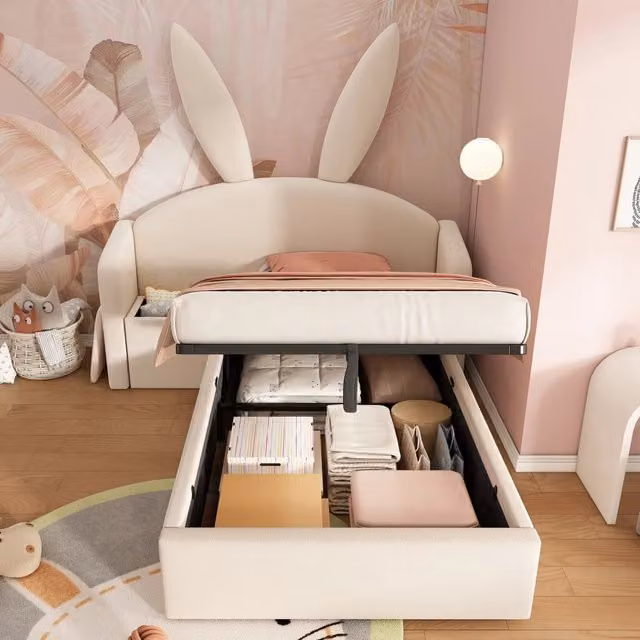 Letto singolo per ragazzi 90x200 cm beige in velluto con contenitore idraulico e comodino