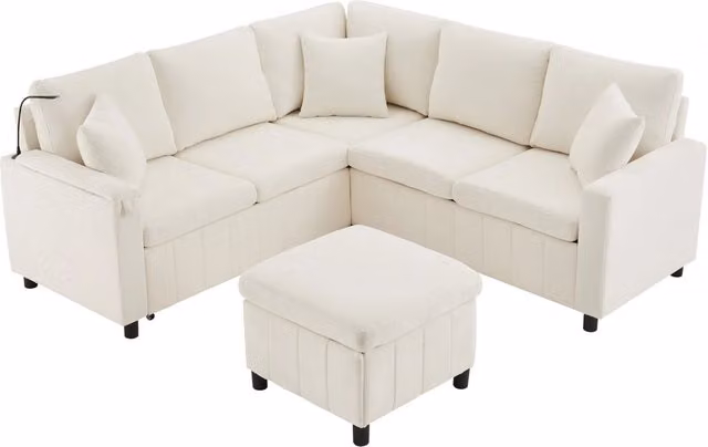 Divano angolare in ciniglia beige con funzione letto, pouf con contenitore, lampada da lettura e tavolino estraibile con portabicchieri, 205×205×85 cm