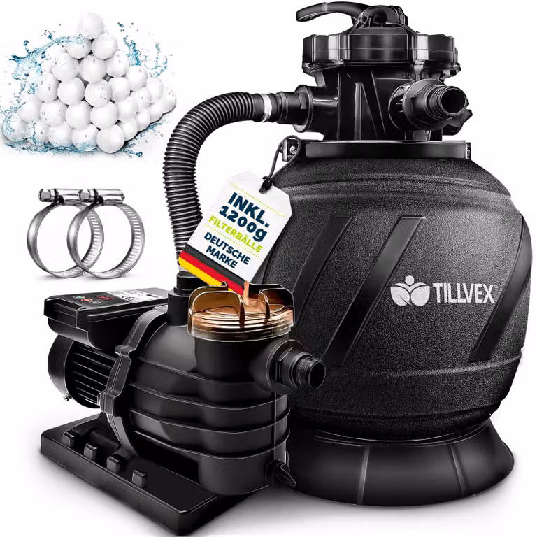 Impianto di filtrazione a sabbia tillvex® per piscina con timer AquaBlack Pro da 13.200 l/h a 40.000 l + 1200 g di sfere filtranti | Impianto di filtrazione con valvola a 7 vie e adattatore 2 in 1 Ø 32-38 mm | Filtro per piscina autoaspirante | Filtro a s