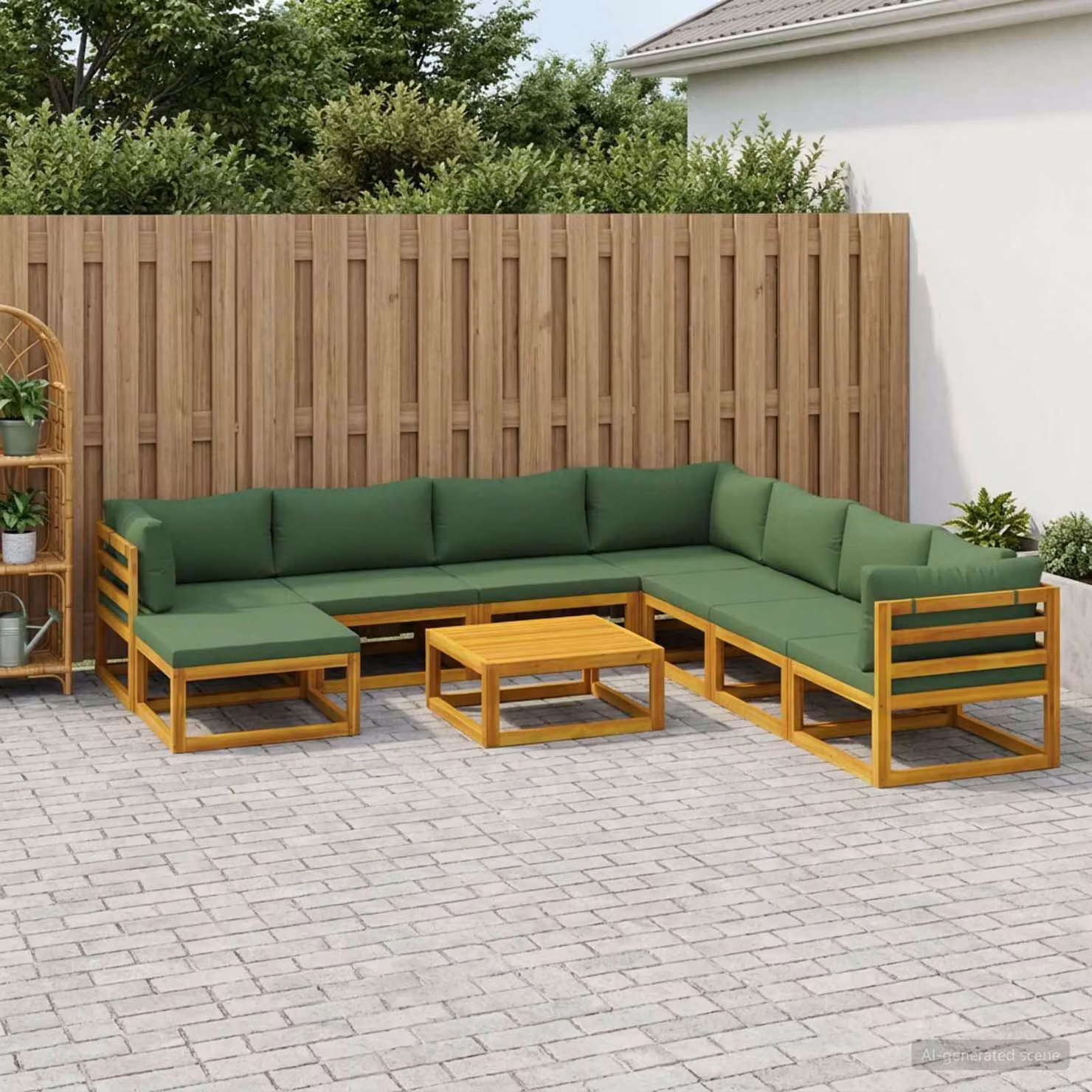 Set di divani da giardino vidaXL in legno di acacia massello con cuscini, 9 pezzi, colore marrone e verde
