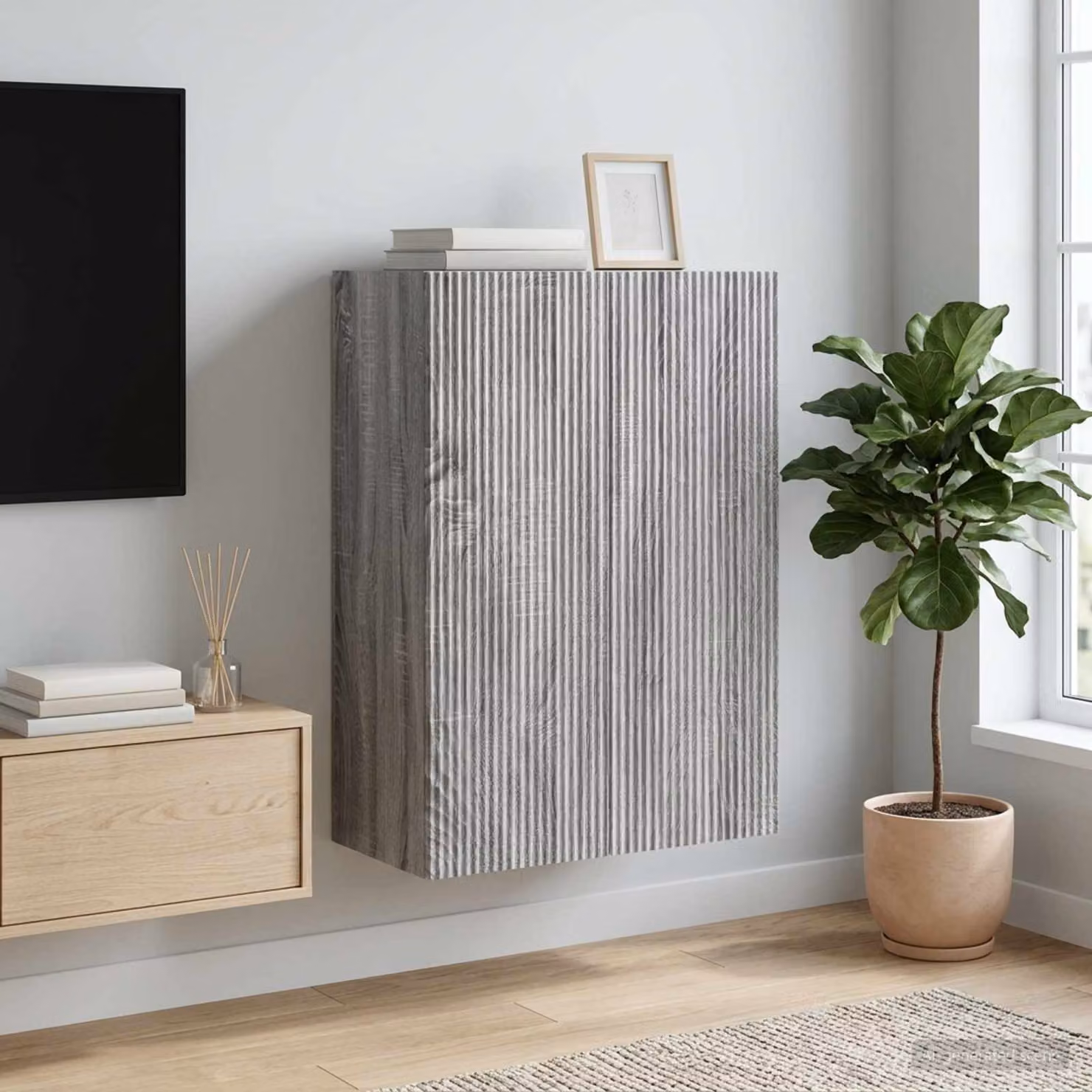 Mobiletto a muro moderno vidaXL in legno ingegnerizzato grigio con illuminazione integrata e ripiani interni L: 66 cm, P: 34,5 cm, H: 90 cm