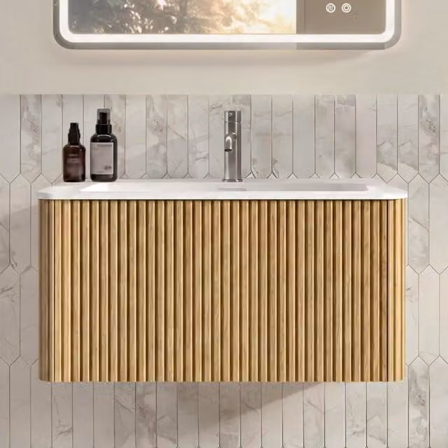 Mobile bagno con lavabo con cassetti push to open in MDF; compensato e superficie solida rovere