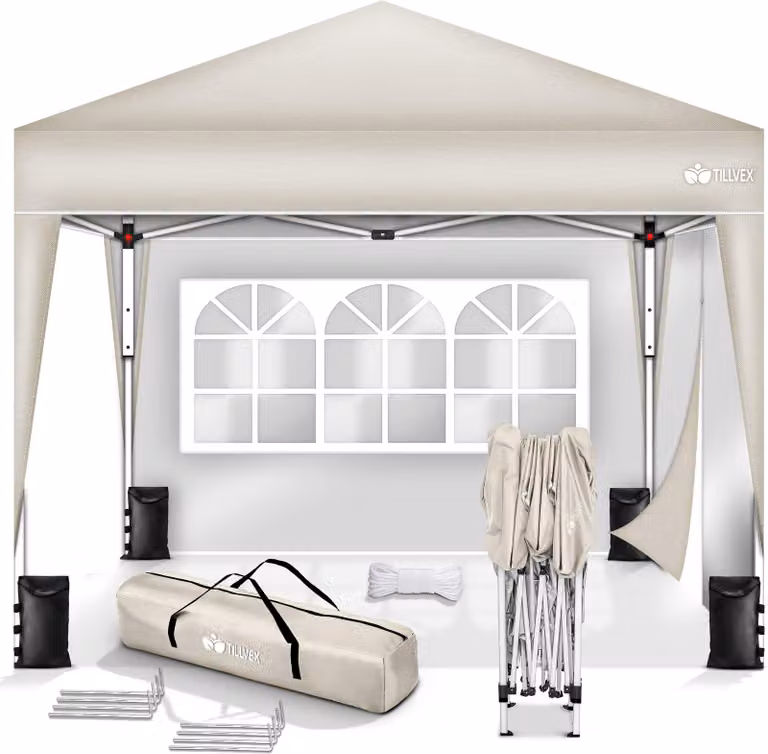 gazebo tillvex 3x3m beige - con 2 pannelli laterali impermeabili | gazebo pop-up pieghevole regolabile in altezza | tenda da giardino protezione UV 50+ | tenda da festa con borsa per giardino