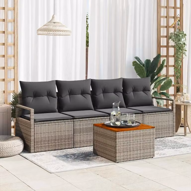 Set Divano da Giardino vidaXL 5 Pezzi Grigio con Cuscini e Tavolino in Polyrattan e Acciaio