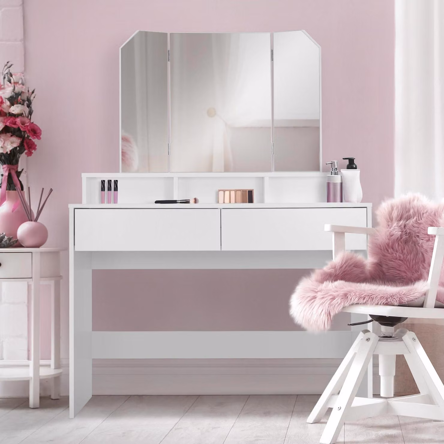 ML-Design tavolo da toilette bianco, tavolo da toilette con specchio pieghevole a 3 elementi e 2 cassetti, 100x40x140 cm, tavolo cosmetico con 3 scomparti aperti