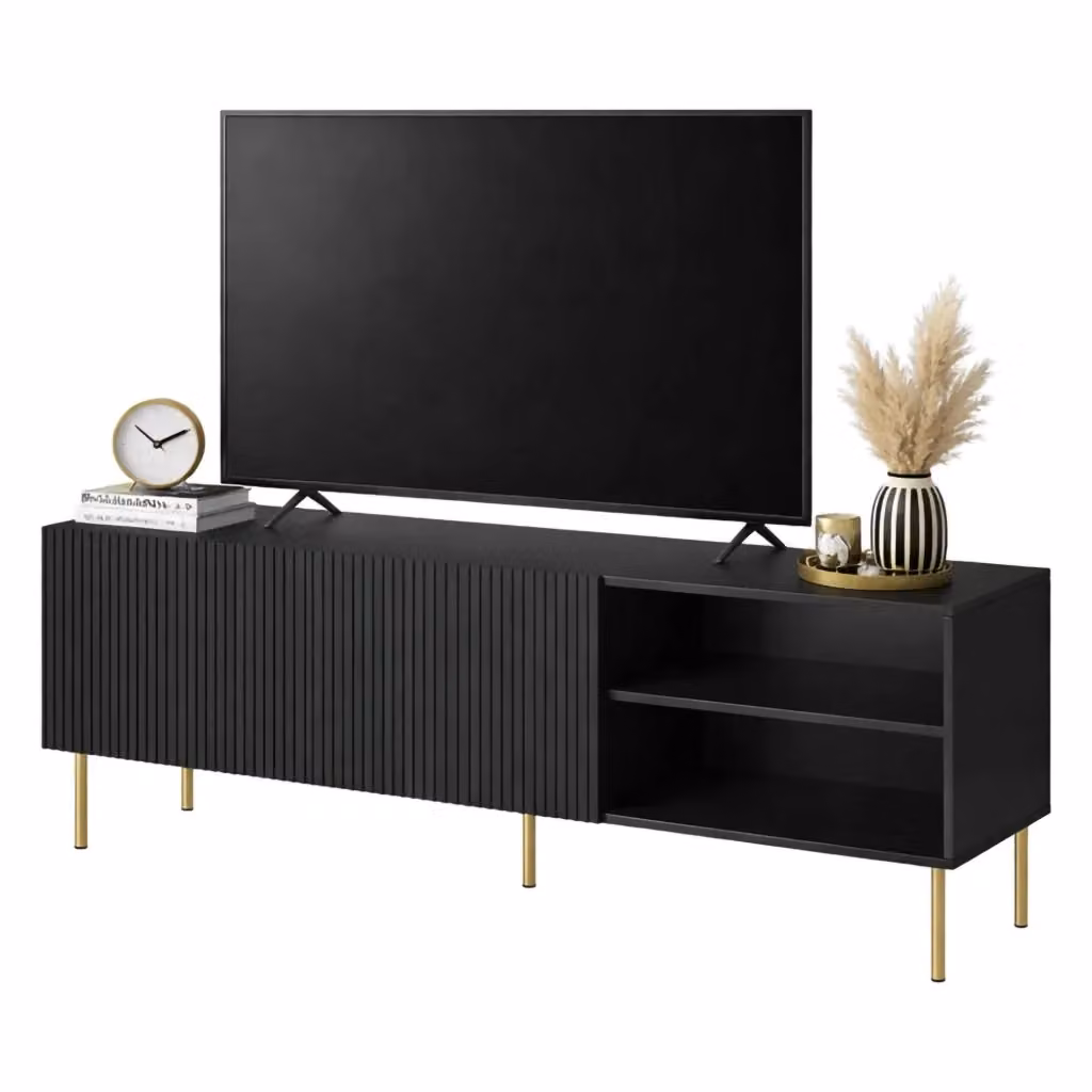 Mobile porta TV Magnano DMORA, Madia da salotto moderna in MDF con quattro ante battenti e chiusura soft-close, Nero, L 150 cm x P 42 cm x H 52 cm – 2