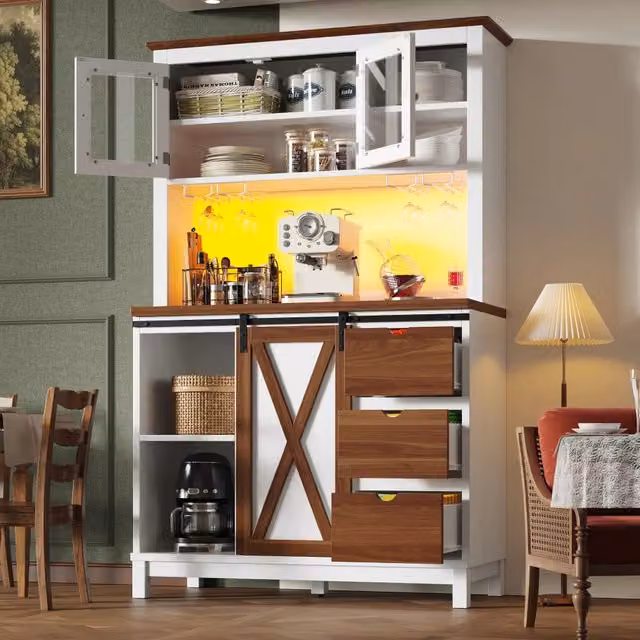 Mobile colonna da cucina con LED; ripiani regolabili e porta scorrevole in vetro bianco 104 × 40 × 180 cm