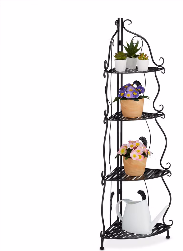 Scaffale angolare in metallo Relaxdays, scaffale da terra per piante con 4 ripiani, L x P x A: 113 x 30 x 30 cm, stile vintage, nero
