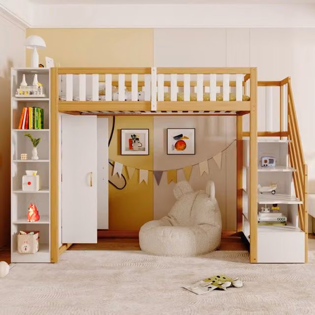 Letto a Soppalco 90x200 cm con Armadio e Scrivania; Legno Massello; Bianco e Legno Naturale; per Cameretta
