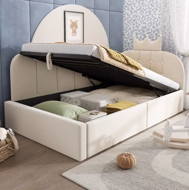 Letto a giorno L-forma 90x190 cm in velluto beige con vano contenitore idraulico