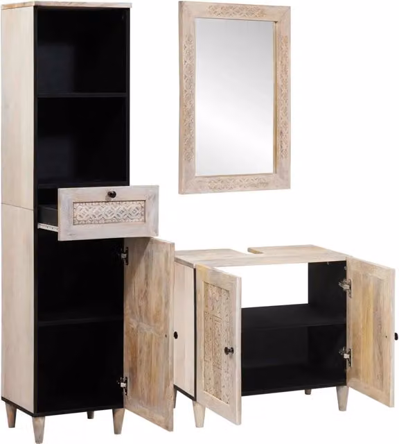 Set di mobili per il Bagno | Armadio da bagno 3 pz Bianco Legno multistrato