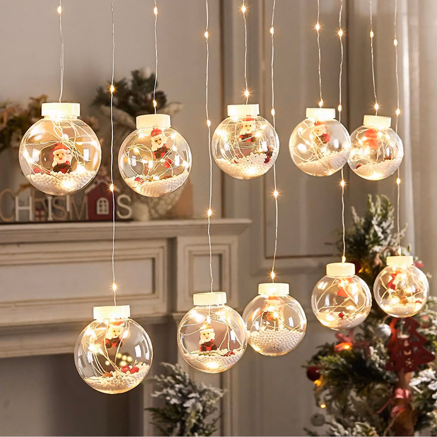 Catena luminosa con 10 sfere, diametro 8 cm, 150 LED bianco caldo, 8 modalità, 9 W, lunghezza 3 metri