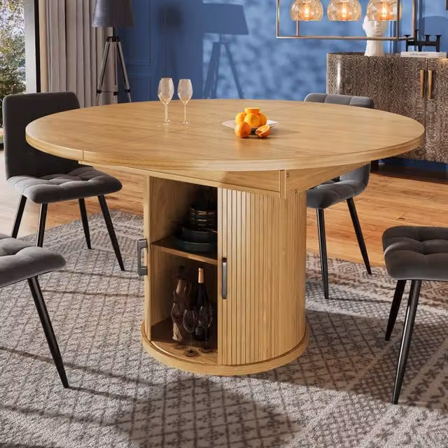Tavolo da pranzo allungabile MIVRAY moderno in MDF marrone con piano rotondo e colonna centrale