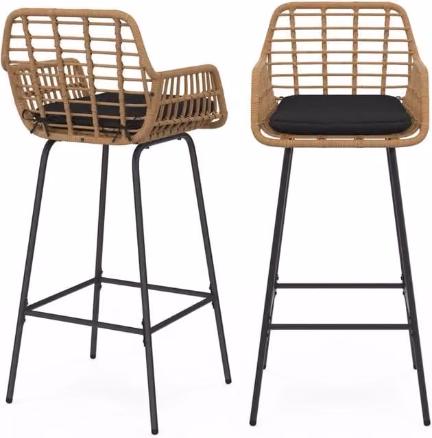 Set di 2 sgabelli da bar SUMMER IDMarket con braccioli effetto rattan beige e gambe in metallo nero