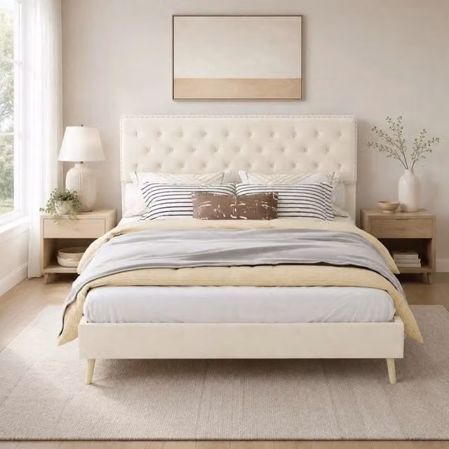Letto matrimoniale 140x200 cm con testiera alta, struttura in metallo e tessuto, beige