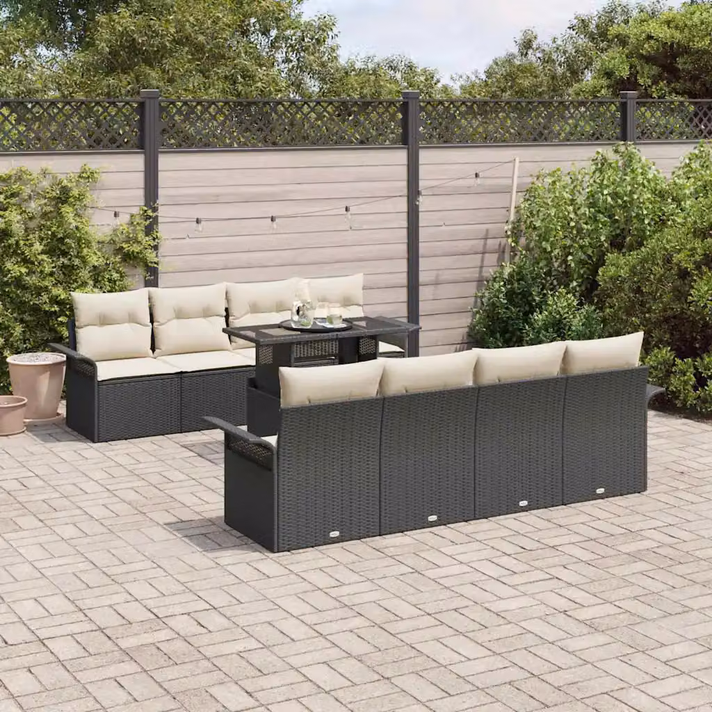 Set Divano da Giardino vidaXL 9 Pezzi in Polyrattan Nero con Cuscini Beige e Tavolino – 1