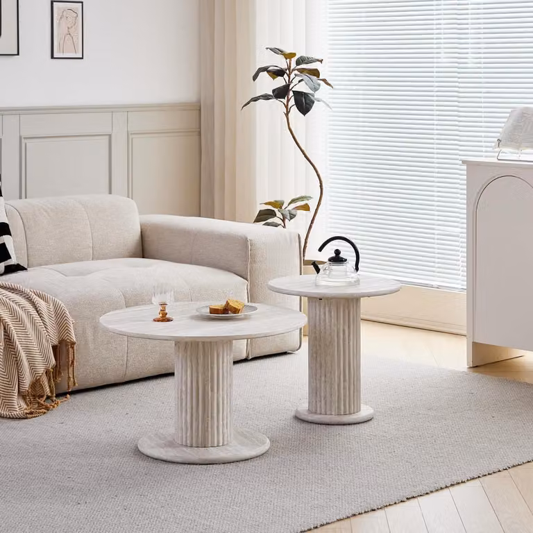 Set di tavolini da caffè, 2 pezzi, forma rotonda, impilabili, in MDF, colore grigio chiaro, ideali per il soggiorno