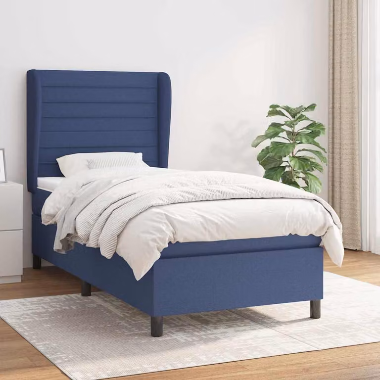 vidaXL Giroletto a Molle con Materasso Ibrido in Tessuto Blu e Bianco, L/P/H: 90 x 190 x 128 cm