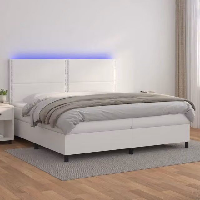 Letto con Giroletto a Molle, Materasso Ibrido e LED di vidaXL, Similpelle Bianco, L 200 cm x P 200 cm