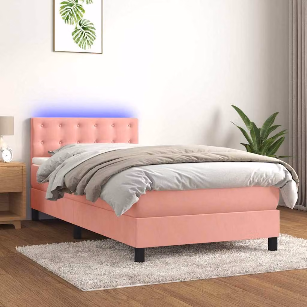 Letto a molle con materasso ibrido vidaXL in velluto rosa con illuminazione LED e porta USB, L/P: 80 x 200 cm