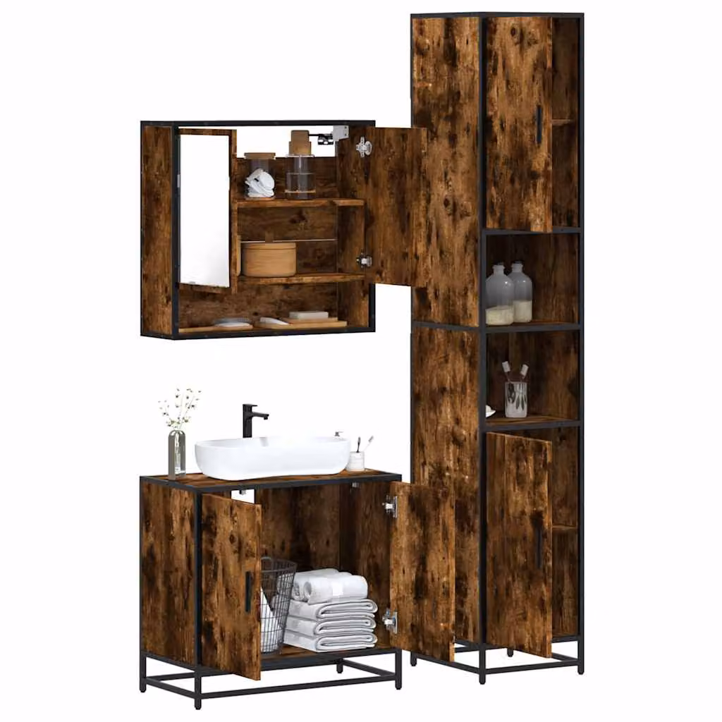 Set di mobili da bagno vidaXL 3 pezzi in stile industriale color rovere marrone con armadietto specchio a LED, mobile lavabo e mobiletto laterale in legno e metallo