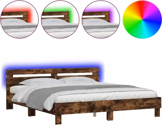 Letto matrimoniale | Letto per adulti | Giroletto con Testiera e LED Rovere Fumo 200x200 cm