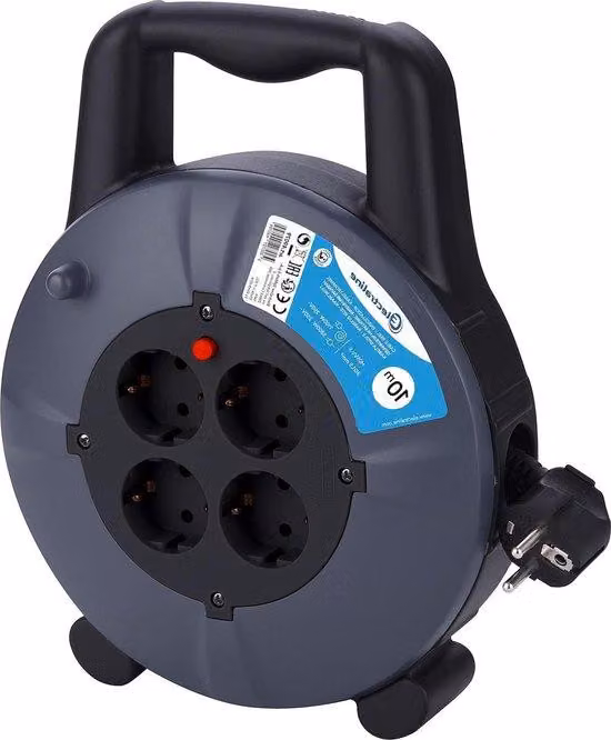 Scatola elettrica con grado di protezione IP20 per interni, 4 prese Schuko, cavo da 10 m, H05VV-F 3G15, avvolgicavo con anello, scatola nera.