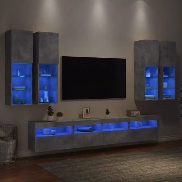 Set Mobili TV a Muro vidaXL 7 Pezzi con Luci LED Grigio Opaco