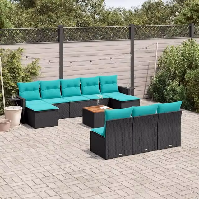 Set Divani da Giardino 11 pz con Cuscini Nero in Polyrattan 3224769