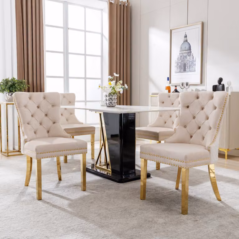 Set di 4 sedie per sala da pranzo Flieks, sedie da soggiorno sedie da cucina con gambe in acciaio inox, sedie imbottite con schienale, rivestimento in velluto, beige