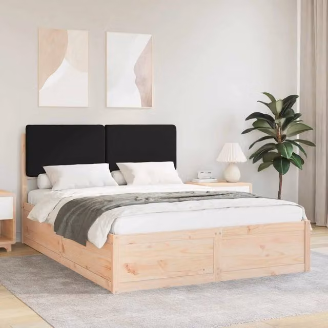 Letto moderno vidaXL in pino massello con testiera rivestita in tessuto nero L/P/H: 160 x 200 x 105 cm – 1