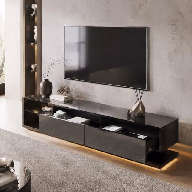 Mobile TV moderno nero lucido con LED multicolore; 170x38x36 cm; in pannello truciolare