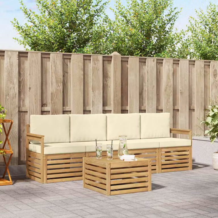 Set di divani da esterno vidaXL 5 pezzi in legno di acacia con cuscini Bianco e Beige