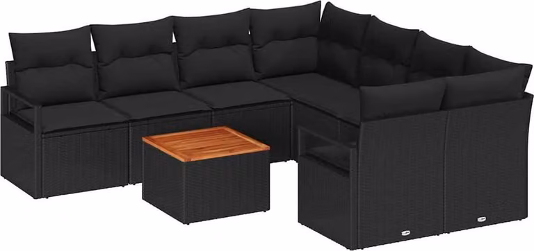 Set Divano da Giardino con cuscino 9 pcs Nero polyrattan