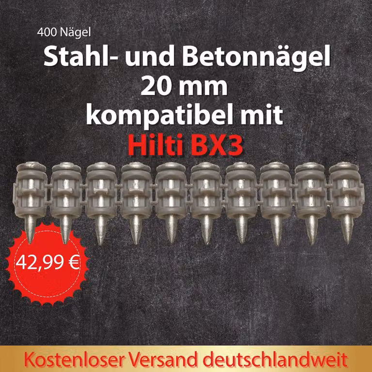 400 chiodi ad alta resistenza da 20 mm per acciaio e calcestruzzo – compatibili con Hilti BX 3/B3 – alternativa a X-P 20 B3 – chiodi di fissaggio professionali