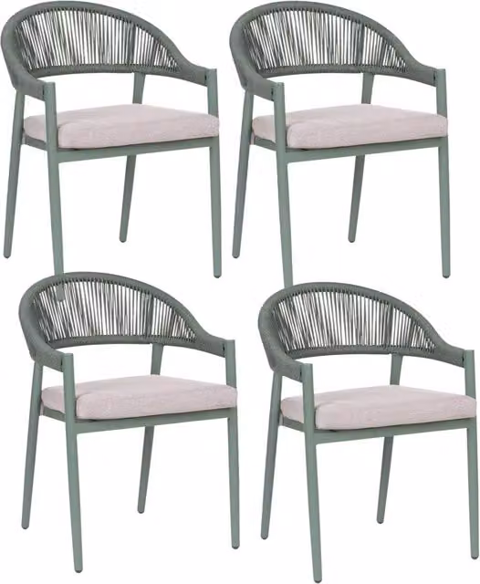 Set di 4 Sedie da Giardino in Alluminio Verde con Verniciatura a Polvere e Cuscini Tortora per Esterni