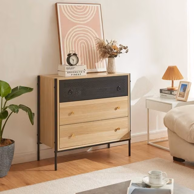 Cassettiera Tysnes en.casa con 3 cassetti, effetto rovere e nero, L 80 cm x P 40 cm x H 80 cm