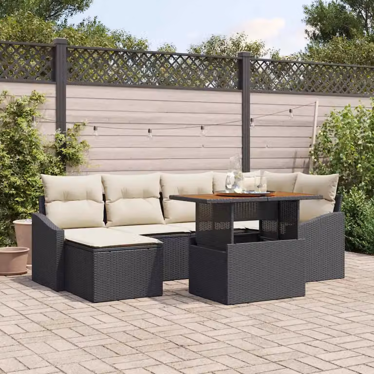 Set Divano da Giardino vidaXL 7 Pezzi a Forma di L con Contenitore Nero in Poly Rattan e Acciaio