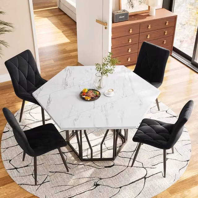 Tavolo da pranzo con 4 sedie, piano effetto marmo e struttura in metallo nero, per sala 115,5 × 100 × 75 cm