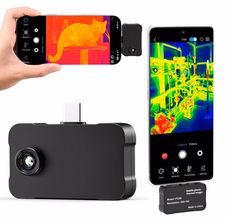 Termocamera per Android e iOS, risoluzione super 512 x 384, frequenza di aggiornamento 25 Hz; termocamera a infrarossi per smartphone e tablet, risoluzione IR 256 x 192, intervallo di temperatura da -20 °C a 550 °C e 6 palette di colori