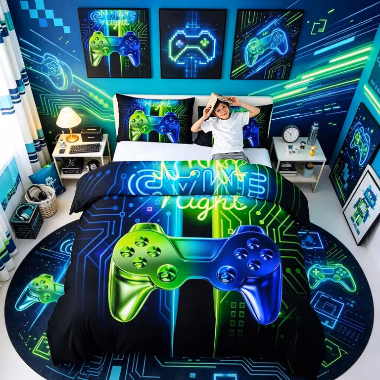 Omgoods - Set di lenzuola per letto a tema gaming per bambini, con motivo del controller