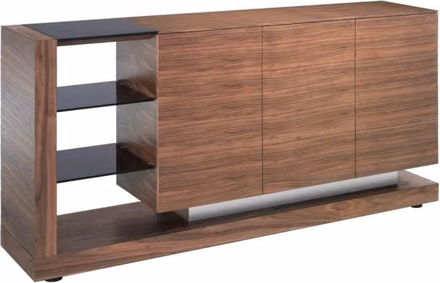 Credenza moderna Angel Cerdà in noce con piano in vetro nero e dettagli in metallo