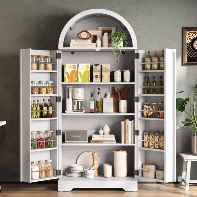 Vetrina con 3 ripiani e 5 vani, con vani aperti ad arco, per cucina e soggiorno, in MDF, bianco, 70 × 40 × 165 cm