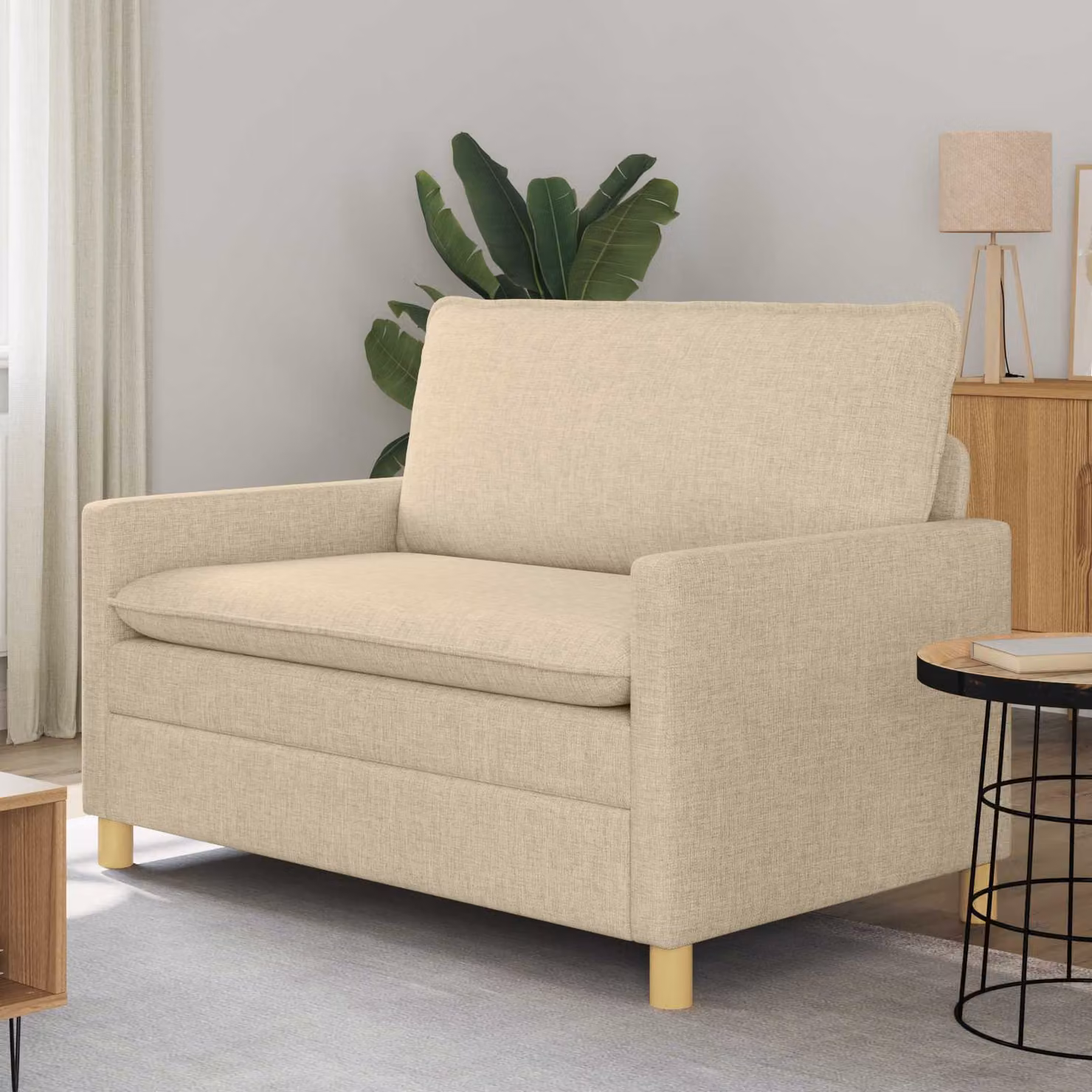 Divano 2 posti vidaXL in tessuto beige con struttura in metallo e cuscini inclusi L/P/H: 126 x 81 x 87,5 cm